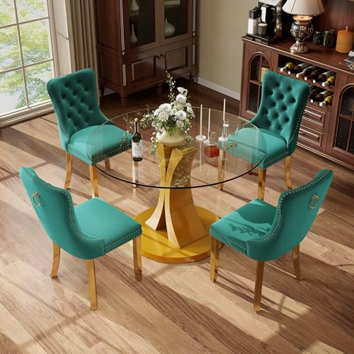 Image of 5-Piece Dining Table Set with 39In Tempered Glass Table and 4 Velvet Upholstered Chairs, Modern Scandinavian Furniture for Dining Room Kitchen(Green&Gold)