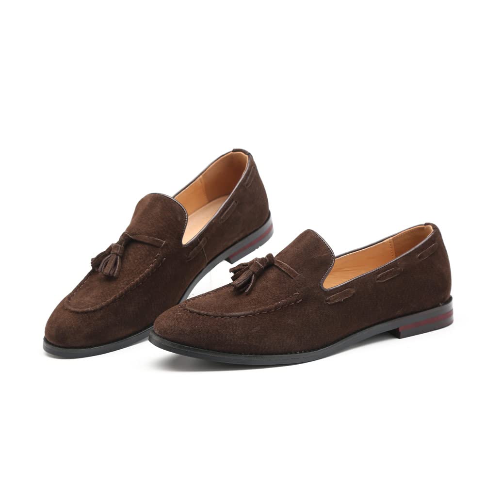 MANLADUO Mocasines de piel de ante para hombre, estilo británico, con borlas y diseño sin cordones