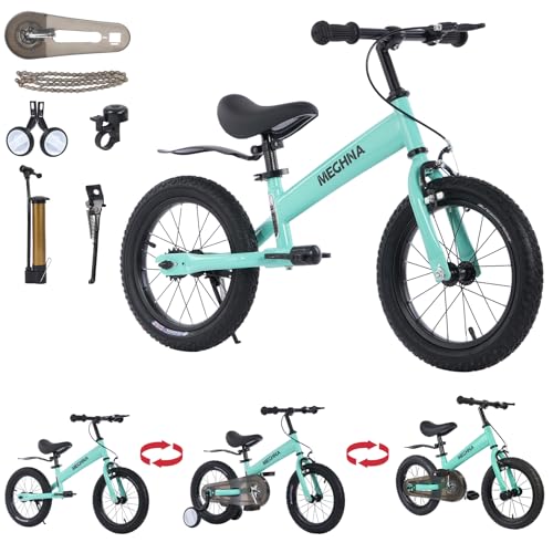 ペダル付き3イン1モンテッソーリバランスバイク、子供用バランスバイク/幼児用三輪車/自転車、2、3、4、5、6、7歳、14インチのバランスバイク、ペダル変換、補助輪、ブレーキ、ミントグリーン。
