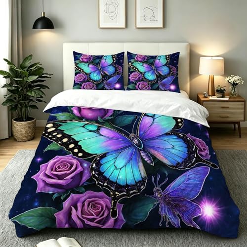 Gumntun Funda Nórdica 220x240 cm Mariposa Flores, Decorativa Microfibra Juego de Ropa de Cama, 3D Estampada Conjuntos de Cama con 2 Fundas de Almohada 50x75 cm_B19589