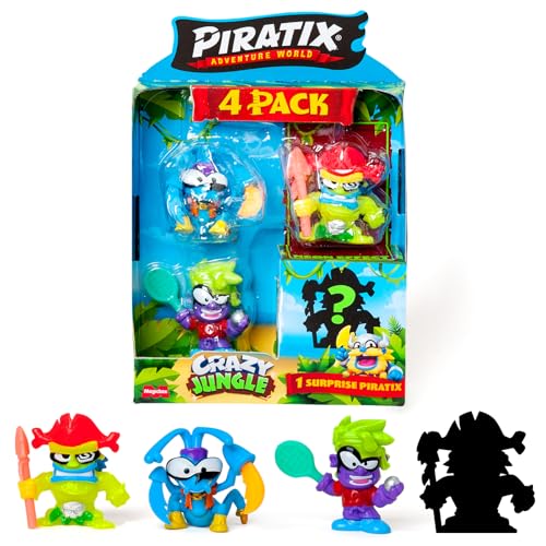 PIRATIX ADVENTURE WORLD Serie Crazy Jungle, Pack de 4 - Contiene 4 Piratix: 1 neón y 1 Sorpresa; y 4 Accesorios neón. Pack 4 de 6
