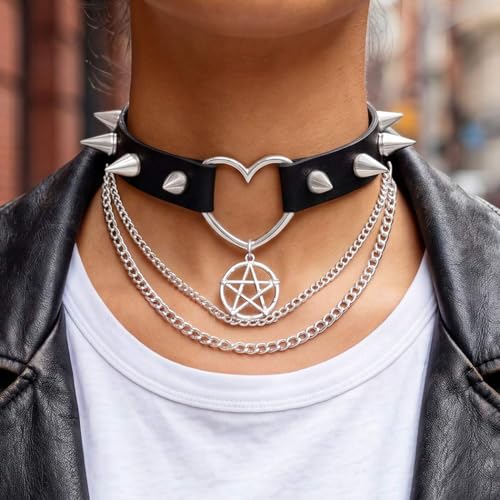 Zoestar Punk-Lederhalsband, schwarz, Gothic-Halsband, Herz-Halsband mit Spikes, Party-Halskette für Damen