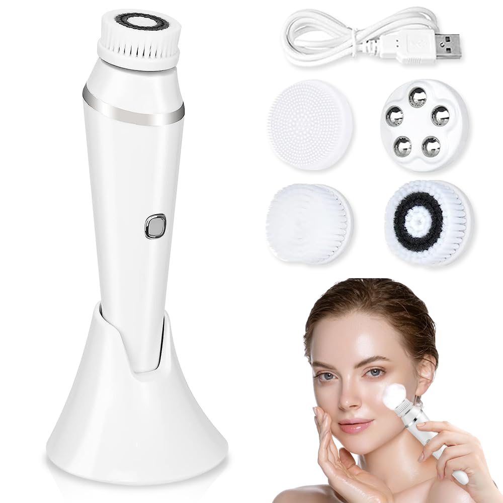 Brosse Nettoyante Visage Électrique, Rechargeable Brosse Visage Rotative avec 4 TêTes de Rechange Étanche Brosse de Nettoyage du Visage pour Nettoyage, Exfoliant et Massage du Visage