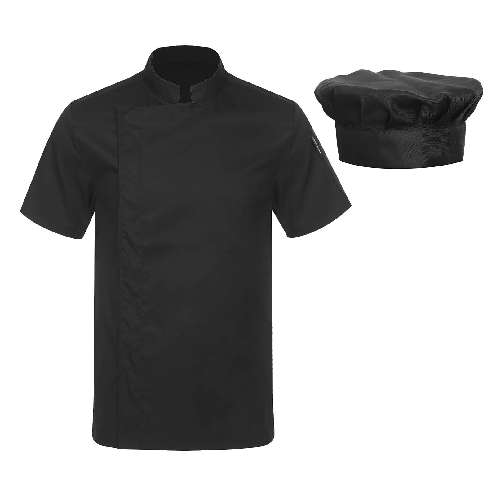 Giacca da Cuoco, Uniforme da Lavoro per ristoranti, Hotel e cucine, con Cappello, per Panettiere, Catering e Cucina, Camicia Bianca a Maniche Corte per Uomo e Donna (Nero, M)