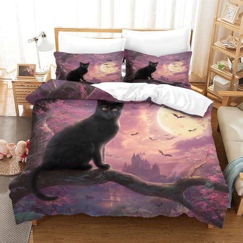 Housse de couette chat noir 3D 200x200 parure de lit microfibre avec fermeture - 3