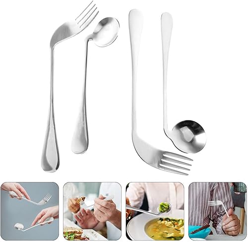 Miniatura 3 de Juego de utensilios adaptativos, cuchara y tenedor curvados de acero inoxidable para ancianos, adultos con temblores, cómodo diseño de mango en