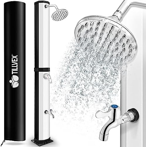 tillvex® Solardusche 60 Liter inkl. Abdeckung | Gartendusche warmes Wasser | Solar Dusche Außen, Garten, Pool & Camping ohne Strom | Pooldusche mit Regenduschkopf, Wasserhahn & Gar