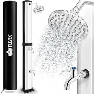 tillvex Solardusche 60 Liter inkl. Abdeckung | Solar Garten-dusche warmes Wasser | Pooldusche Camping | ohne Stromanschluss | mit Wasserhahn | Gartenschlauch-Anschluss
