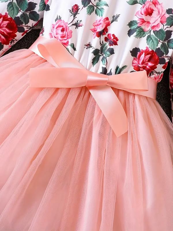 Image of Niren Enterprise 1019 Long Sleeve Printed Flower Belted Square Neck Baby Girl Frock with Knee-Length and A-Line Style