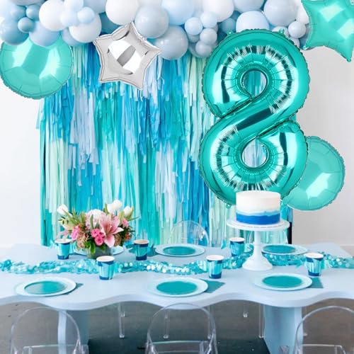 Image of Teal Blue Number 8 Balloons 40 Inch 8th Birthday Mermaid Theme 5 Pcs | Big Helium Mylar Digital Balloon Anniversary Wedding Party Decor Supplies