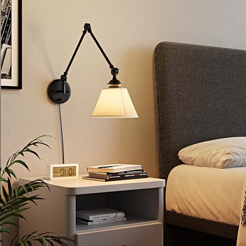 Image of Plug in Wall Sconces Set of Two, Black Swing Arm Wall Lamp with 6.6FT Plug-in Cord and Knob Switch, Fabric Wall Lights for Bedroom, Reading, Study Room, Office, Living Room (2 Pack)