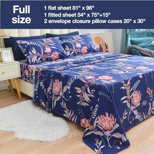 Image of JSD Navy Blue Tropical Floral Printed Sheet Set Full Size | 4 Piece Soft Botanical Microfiber Sheets, 16 inch Extra Deep Pocket, OEKO-TEX Certified, Easy Care