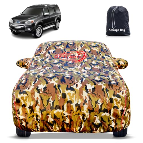 Image of Premium Car Cover for Ford Endeavor 2011-2015 Models | Waterproof, UV & Dust Protection | Mirror & Antenna Pocket | Triple Stitched, Soft Inner Lining, Belt & Buckle (Jungle Print)