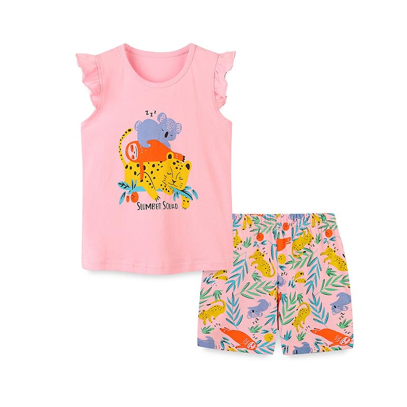 Children Baby Girls Animals Print Vest Round Neck Sleeveless Shirt Color Block Pants Summer Loose Cartoon Short Set (Pink,120/5-6 Y)