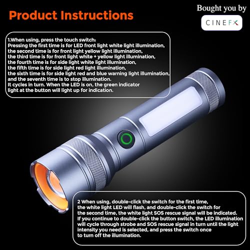 Image of Rechargeable Flashlight, Metal, 8 Lighting Modes with Telescopic Zoom, 1000 Lumens, Emergency Light, Water Resistant