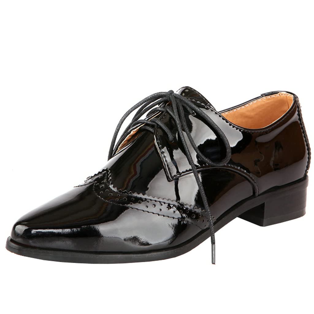 KOKOMOMO Womens Wingtip Patent Leather Pointed Low Heel Oxford Flats Vintage Brogue Shoes