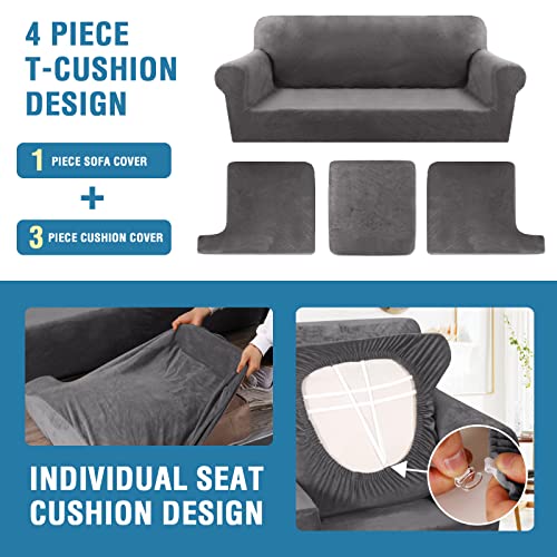 H.Versailtex PART-HVYHTSOFA3R-3GREY 4 Piece T Cushion Sofa Slipcovers Thick Velvet Stretch Couch Cover Furniture Protector thumb #3