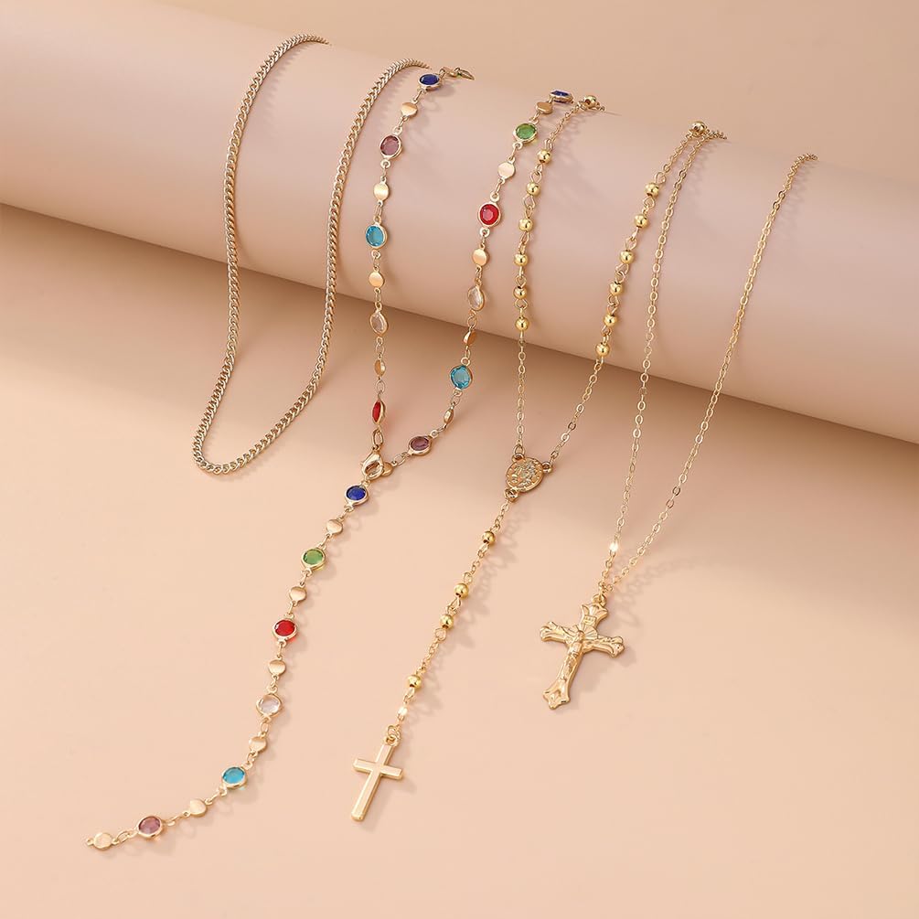 Layered Gold Long Cross Pendant Necklace, Delicate Boho Colorful Crystal Bead Y Choker Necklaces Silver Dainty Tassel Party Vacation Jewelrys for Women - Image 4