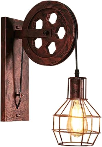 Lámpara de pared vintage industrial con polea de hierro forjado, lámpara de pared para ascensor, ático restaurante, escalera, corredor, lámpara de