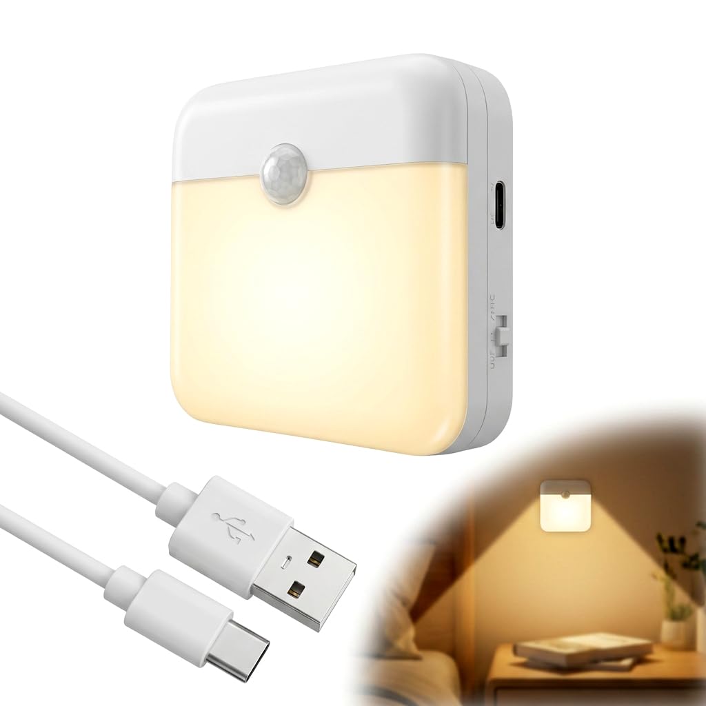 Motion Sensor Night Light Rechargeable, LED Stick on Lights Indoor with Magnetic Strip, USB Charging Nightlights Compatible with Bathroom Hallway Stairs Bedroom Kitchen, Auto On/Off Warm White 3000K