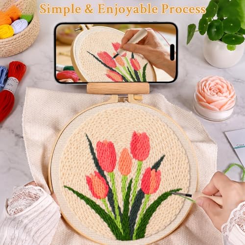 Image of PATPAT 20x20CM DIY Tufting Art Craft Kits Cute Pink Flower Punch Needle Kit Embroidery Kit for Beginners DIY Hoop Embroidery Kit with Punch Needles, Hoop, Handmade Art Kits Gift for Kids Adults