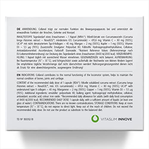 Collanol – Innovation in der Pflege gesunder Gelenke Flüssige Formel in einer Doppelkapsel 3D- Kollagen + Mizell-Extrakt von Curcumawurzeln 1 Kapsel/Tag. Laborgeprüft (100 Kapseln)