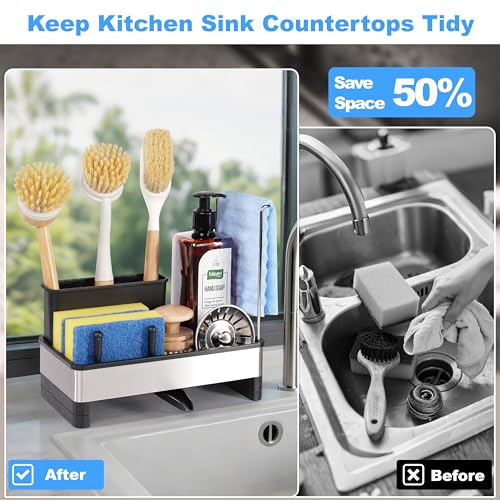 Ouletoy Kitchen Sink Caddy Organizer, Stainless Steel Sponge Holder, Kitchen Caddy Sink Organizer with Dish Brush Holder and Dishcloth Rack, Rustproof Dish Sponge Drying Rack for Countertop Storage by Ouletoy - Used condition - Image 6