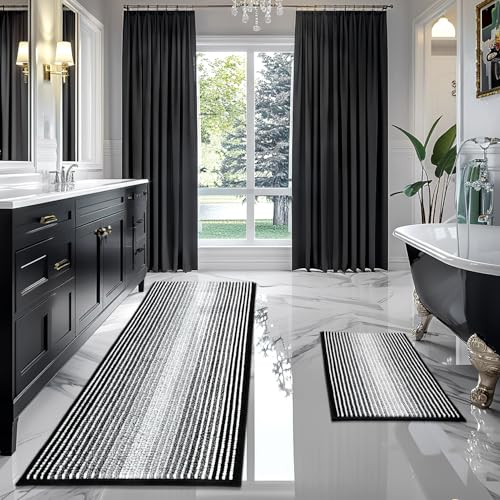 Bathroom Rugs and Mats Sets, 2 Piece Thick Absorbent Chenille Bath Mat Rug Set Non Slip, Soft Shaggy Bath Room Floor Mats for Bathroom, Machine Washable (Black, 24" x 70" Plus 20" x 32")