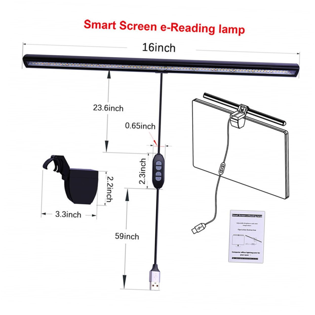 HOMSFOU Lampe Écran Avec Pince Usb Pour Lecture Écran Sans Reflets Éclairage Réglable Pour Bureau Et Maison