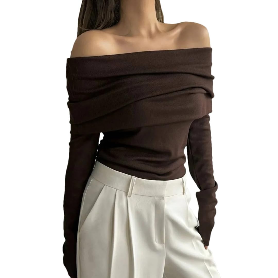 Kelsiop Maglione da donna a maniche lunghe, con spalle scoperte, vestibilità aderente, autunno inverno