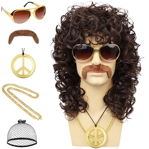 Wallden Hair 70s Mens Brown Wig+Glasses+Golden Chain+Peace Sign Necklace+Mustache+Wig Cap Long Curly Funny Synthetic Wigs for Retro Outfit Men Party Hippies Rocker Costume Cosplay Halloween6pcs Set