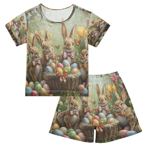 ALAZA Rabbit Egg Bunny Butterfly Easter Pajamas Set Short Sleeve Cotton Sleepwear Summer Pjs 2 Piece 5-14Y
