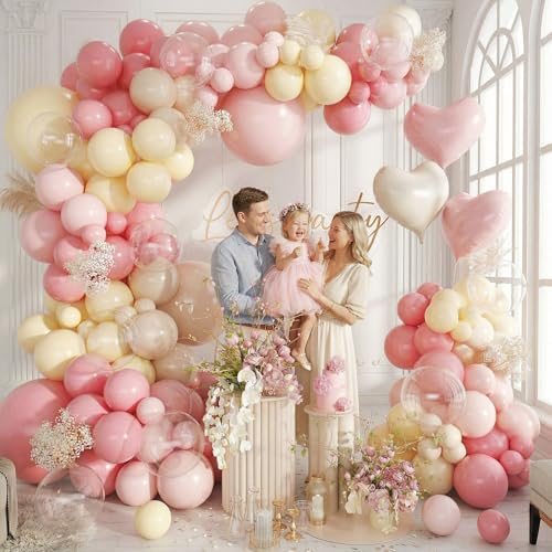 Image of Pink and Yellow Balloon Arch Kit,150Pcs Pastel Pink Light Pink Yellow Sand White Balloons for Baby Shower Bridal Shower Wedding Bee Bear Themed Birthday Party Decorations