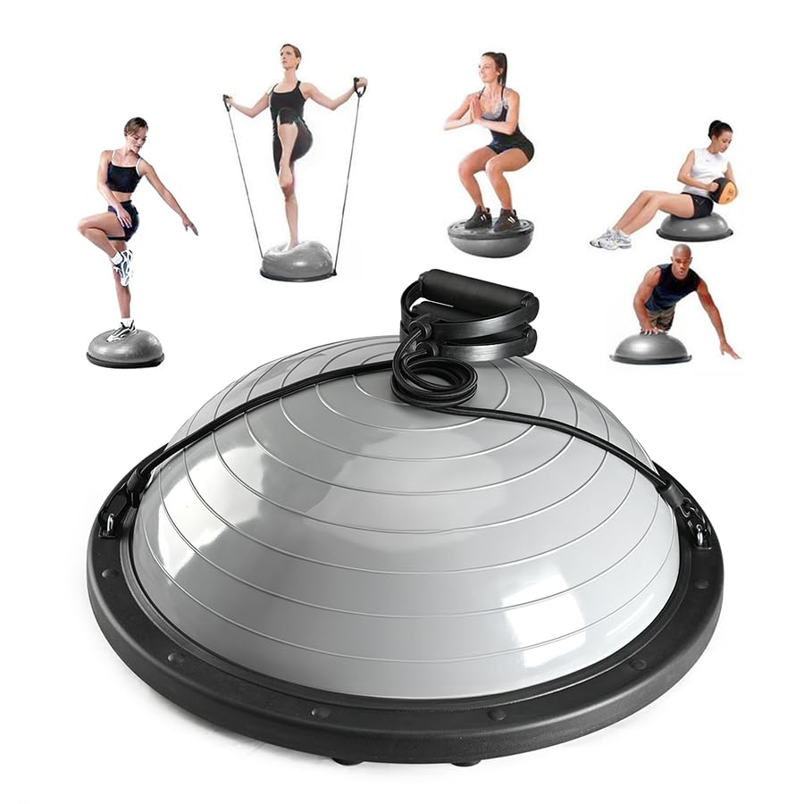 Half Balance Ball Trainer with Resistance Bands & Foot Pump, 18” Stability Trainer for Core Strength, Balance & Home Gym Workout Equipment(Grey)