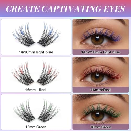 Image of MAYCREATE Colored Wispy False Eyelashes Eyelash Extension 14 16mm Individual Lash Clusters with Red Blue Purple Green Pink Tips, Dramatic DIY Lashes for Festival Stage Party Cosplay