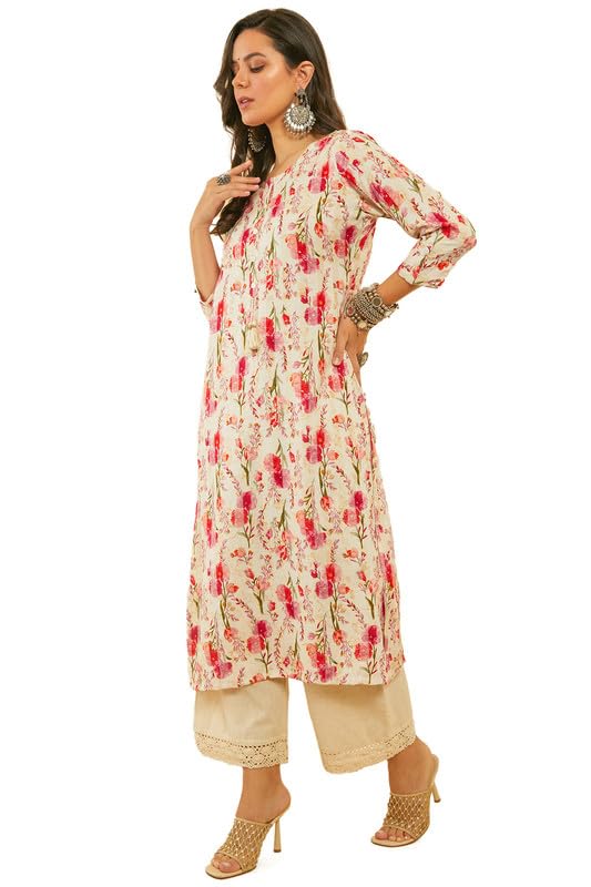 Image of Soch Womens Rayon Straight Fit Floral Print Straight Kurta with Kantha Weave