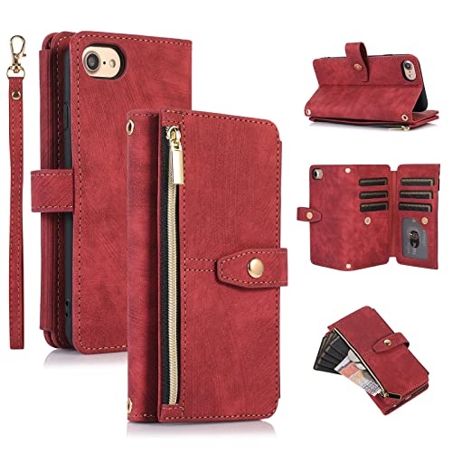 Étui portefeuille iPhone 8 antichoc et housse rabat cuir UEEBAI rouge vintage