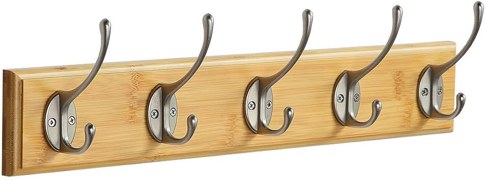 Wall Mount Bamboo Coat Rack, 17 Inch 5 Double Hooks, Natural