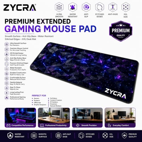 Image of ZYCRA Gaming Mouse Pad Large Extended Desk Mat | Waterproof Smooth Surface, Anti-Slip Rubber Base, Stitched Edges, Black Mouse Pad for Office, Work from Home & Gaming (3D Diamond Gaming Mat)