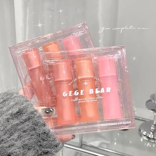 Image of Gege Bear Light Mirror Lip Glaze | Moisturizing & Long Lasting | Hydrating & Non-Sticky Shades | Liquid Lipstick with Brush Applicator | Waterproof Aesthetic Makeup | Pink Brown Nude Candy Red | Glossy Lipstick Combo Pack Set with Glow Shine Makeup for Women Girls (SET-B(04,05&06), 2.5g)