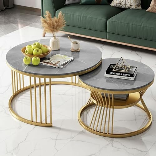 Image of Modern Nested Coffee Table Set of 2 | Round Marble Finish Tabletop with Metal Base | Luxury Center Table for Living Room, Lounge & Office (Grey Gold)