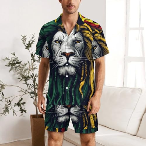Reggae Lion Smokes Weed Rasta Mens Pajamas Set Short Sleeve Sleepwear Summer Pjs Sets 2 Piece Loungewear Nightwear2