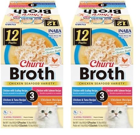 INABAChuru Broth for Cats, Creamy Broth with Shredded Chicken Side Dish Pouch, 1.4 Ounces per Pouch, 12 Pouches, Chicken & Seafood Variety (Pack of 2)