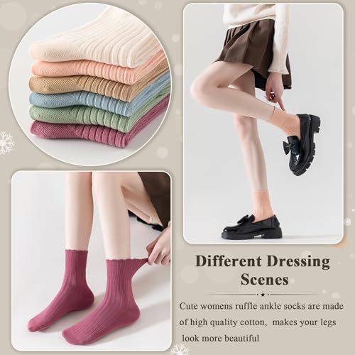 Womens Crew Socks,Ruffle Top,over Ankle,Ultra Soft,Multicolor Cute Cotton Breathable Lettuce Frilly Casual Socks 6 Pack2