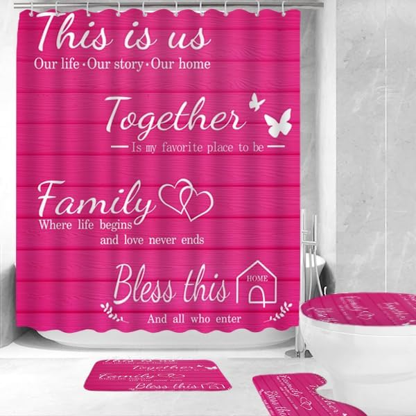 Miniatura 2 de juwute Juego de 4 cortinas de ducha familiares con alfombras antideslizantes, cubierta para tapa de inodoro y tapete de baño, juego de decoración de