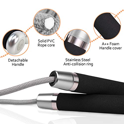 JAKAGO Weighted Jump Rope Adjustable Speed Rope Skipping with Memory Foam Handles Heavy Skip Rope for Pro Sports Boxing MMA Cardio Training fits Men Women and Kids (Black) - Thumbnail 7
