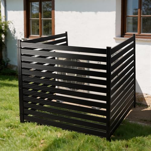 3 Panels No Dig Metal Privacy Fence Screen 42 H x 38 W Outdoor Air Conditioner Fence Rustproof AC Cover Trash Can Screen Pool Equipment Enclosure for Patio Backyard Black