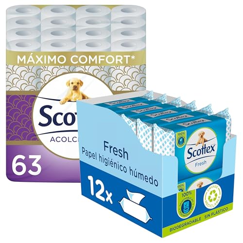 Scottex Papel Higiénico Acolchado 63 Rollos + Higiénico Húmedo Fresh 12 paquetes (888 servicios)