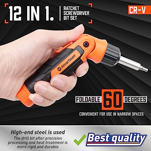 Amartisan 12-in-1 Multi Bit Screwdriver, Ratchet Screwdriver, 60-Degree Adjust Precision Screw Driver, Slotted/Philips/Torx/Square/Hex