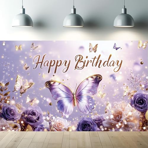 Saoplasa Purple Butterfly Happy Birthday Backdrop